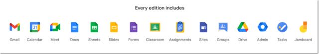 Screenshot of all the Google Workspace apps included in Google Workspace for Education. Gmail, Calendar, etc... 