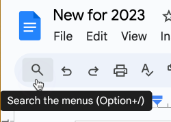 Screenshot of Google doc titled new for 2023. The first icon is a magnifying glass.