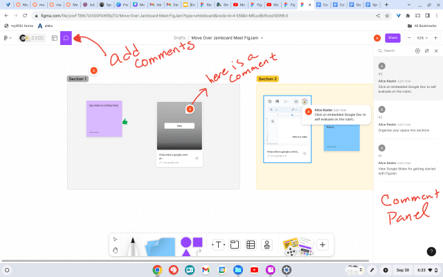 Screenshot of FigJam's comment feature in the top left corner.  The comments side panel appears on the right.  Wherever you place a comment, there is a comment icon. 