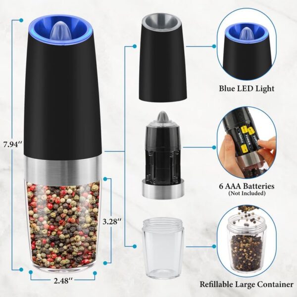 2Pcs Gravity Electric Salt and Pepper Grinder Set, Battery Powered LED Light One Hand Automatic Operation, Adjustable Coarseness Mill Grinders Shakers Black, Kitchen Gadgets Gift Ideas - Image 4