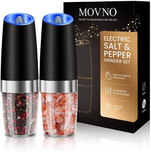 2Pcs Gravity Electric Salt and Pepper Grinder Set, Battery Powered LED Light One Hand Automatic Operation, Adjustable Coarseness Mill Grinders Shakers Black, Kitchen Gadgets Gift Ideas