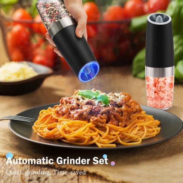 2Pcs Gravity Electric Salt and Pepper Grinder Set, Battery Powered LED Light One Hand Automatic Operation, Adjustable Coarseness Mill Grinders Shakers Black, Kitchen Gadgets Gift Ideas - Image 5