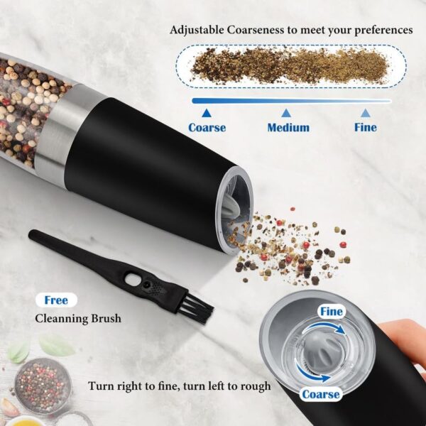 2Pcs Gravity Electric Salt and Pepper Grinder Set, Battery Powered LED Light One Hand Automatic Operation, Adjustable Coarseness Mill Grinders Shakers Black, Kitchen Gadgets Gift Ideas - Image 3