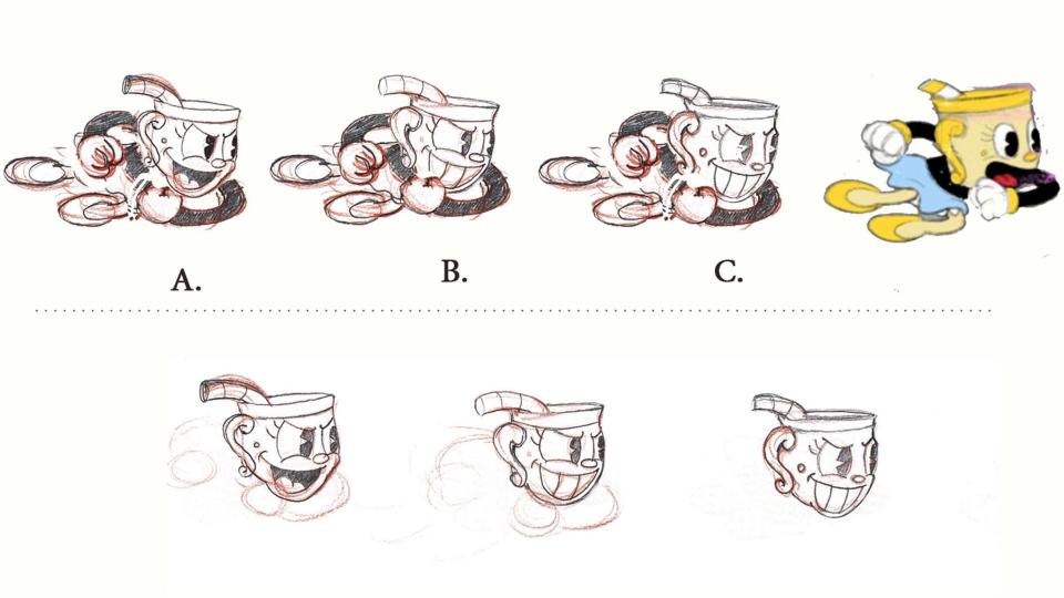 A step-by-step concept art for the Cuphead game.  The main character progresses from a simple pencil sketch to more details (and a refined pose) and a semi-final color image.