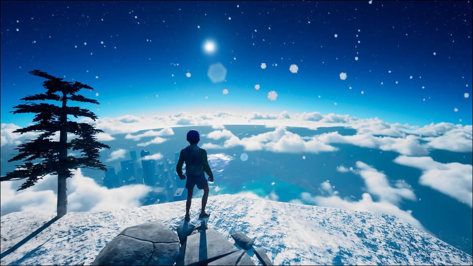 Screenshot from the game ‘Only Up!’ A teenager stands on a snowy peak looking up at the stars and down at the clouds and buildings far below.