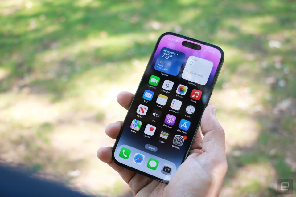 A hand holding the iPhone 14 Pro smartphone with its Home Screen displayed. A grassy blurred background is behind.