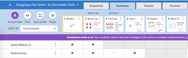 Screenshot of a Desmos lesson dashboard.  It shows anonymize, rhythm, sync with me and pause buttons.  Lesson slide tiles are visible along with a list of student names and their progress on each tile.  How to customize a Desmos lesson
