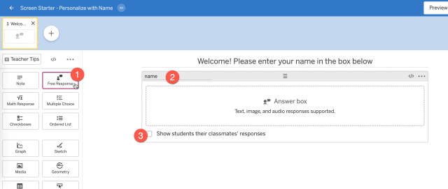 Screenshot of the Desmos activity builder with the free response button selected on the left side.  The component named in the free answer box is called "name" and the checkbox is deselected. 