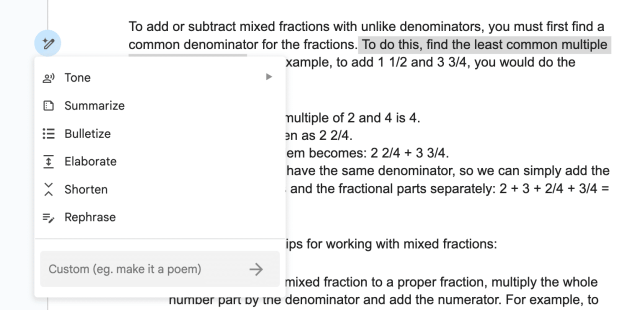 Screenshot of Google Workspace labs to help me write with Tone, summarize, Bulletize, Elaborate, Shorten, or Rephrase. 