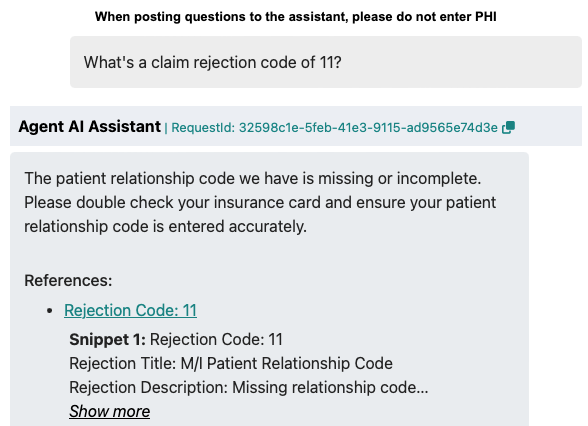 Ejemplo de captura de pantalla del chatbot de preguntas y respuestas