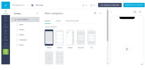 Shoutem application creation interface