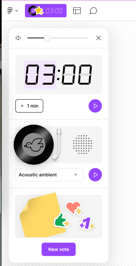 Screenshot of the timer in FigJam at the top left, click the timer icon to pay the timer.