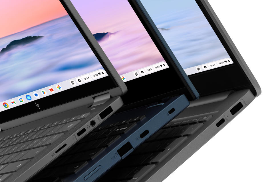 Detailed view of three Chromebook Plus laptops.