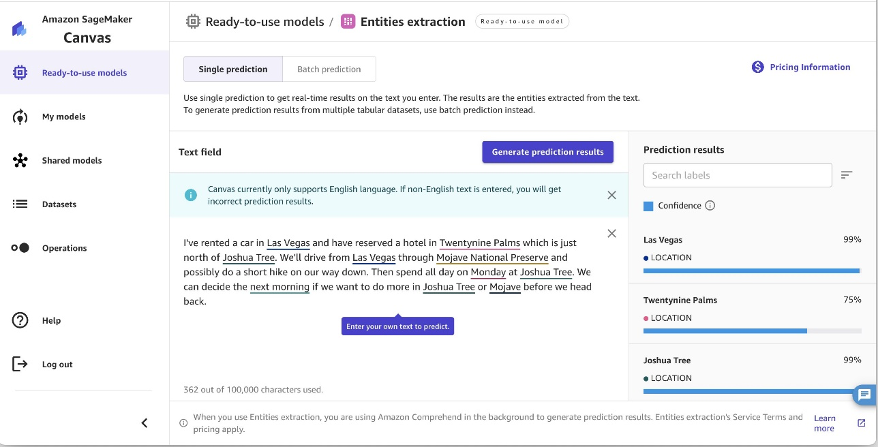 Extracting entities in SageMaker Canvas