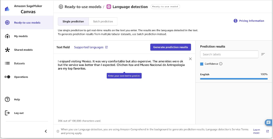 Language detection in SageMaker Canvas