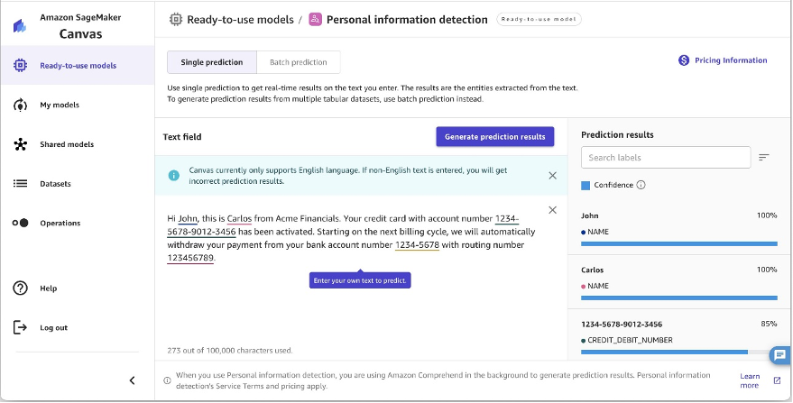 PII Detection in SageMaker Canvas