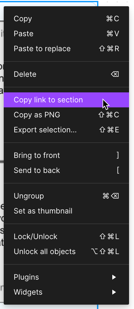Screenshot of right clicking in FigJam from a section.  Featured is the option for "Copy link to section"
