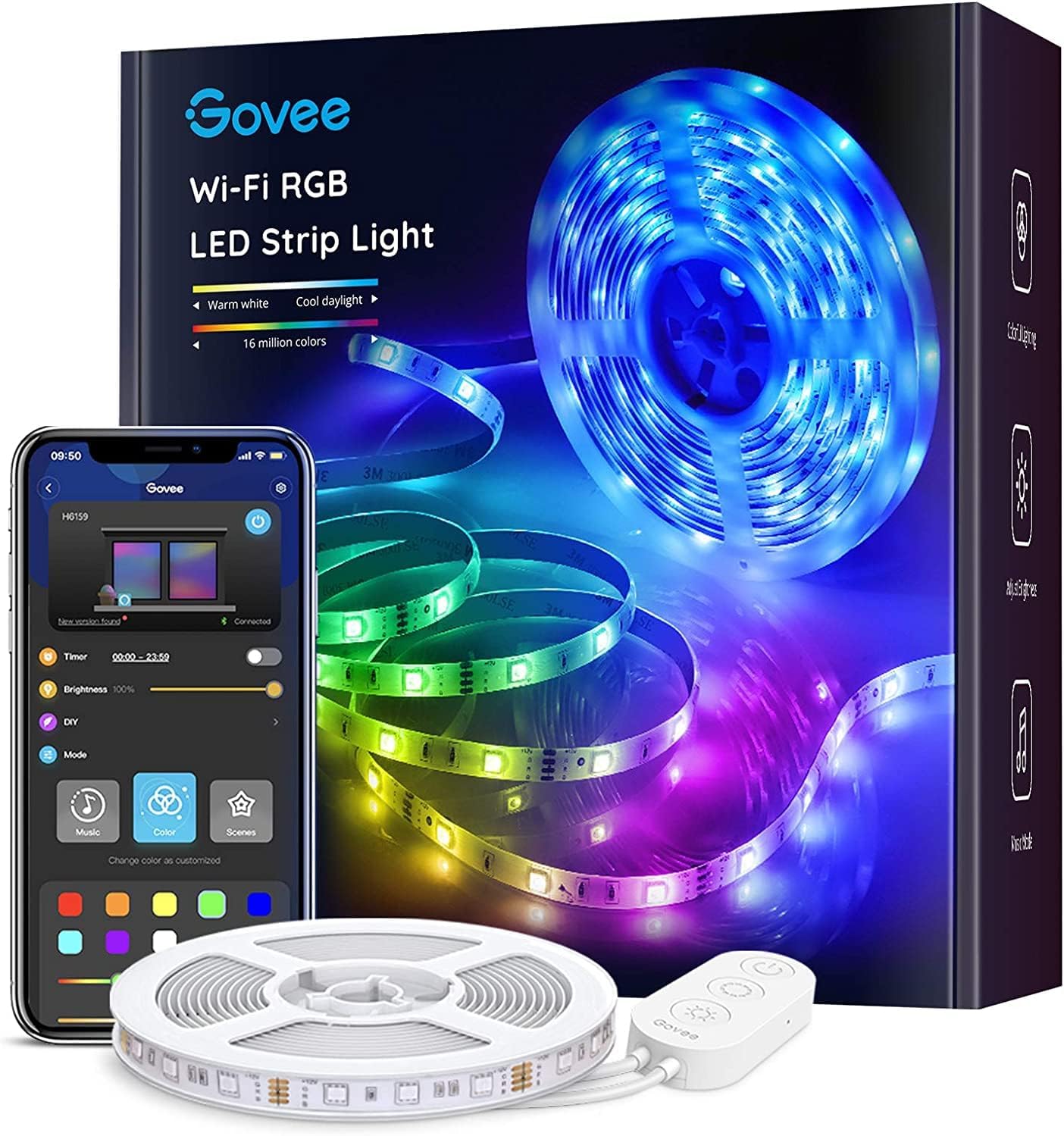 Images of a box of Govee smart strip lights next to a phone with the controls