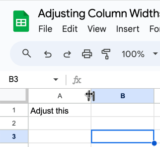 Screenshot of how to adjust Google Sheets column widths in Google Sheets.  The mouse moves between columns A and B. The mouse is a double arrow. 