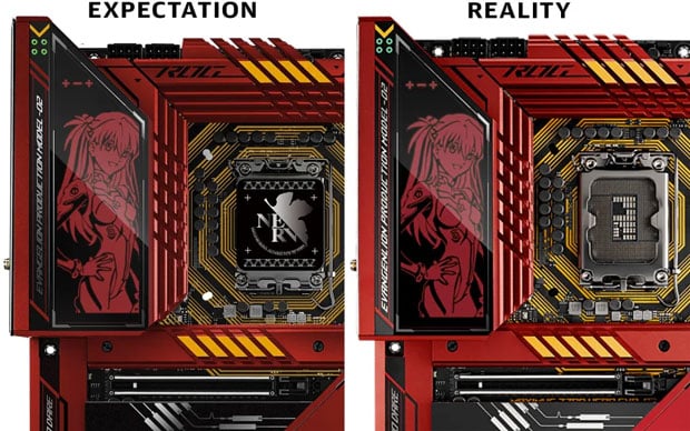 Image comparing the promotional Z790 EVA Hero Edition to the sold version, with a funny typo.