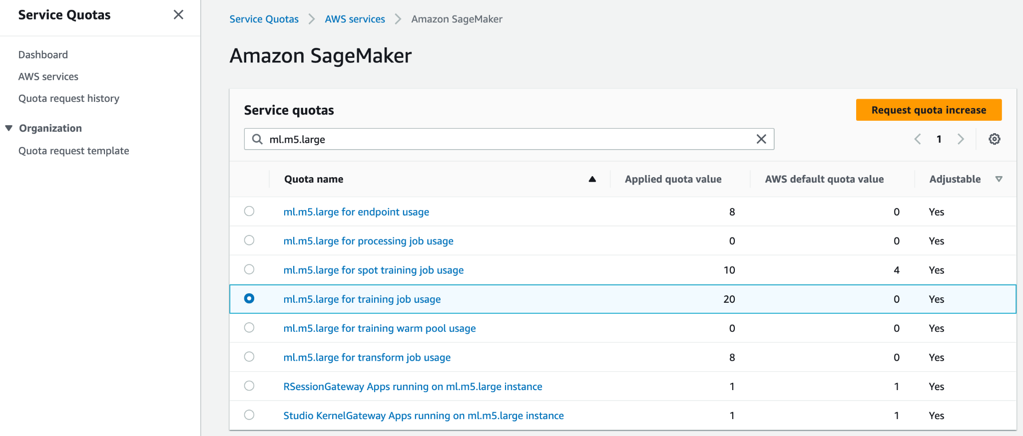 AWS Service Quotas page allowing to request an increase in particular instance type parallel training jobs