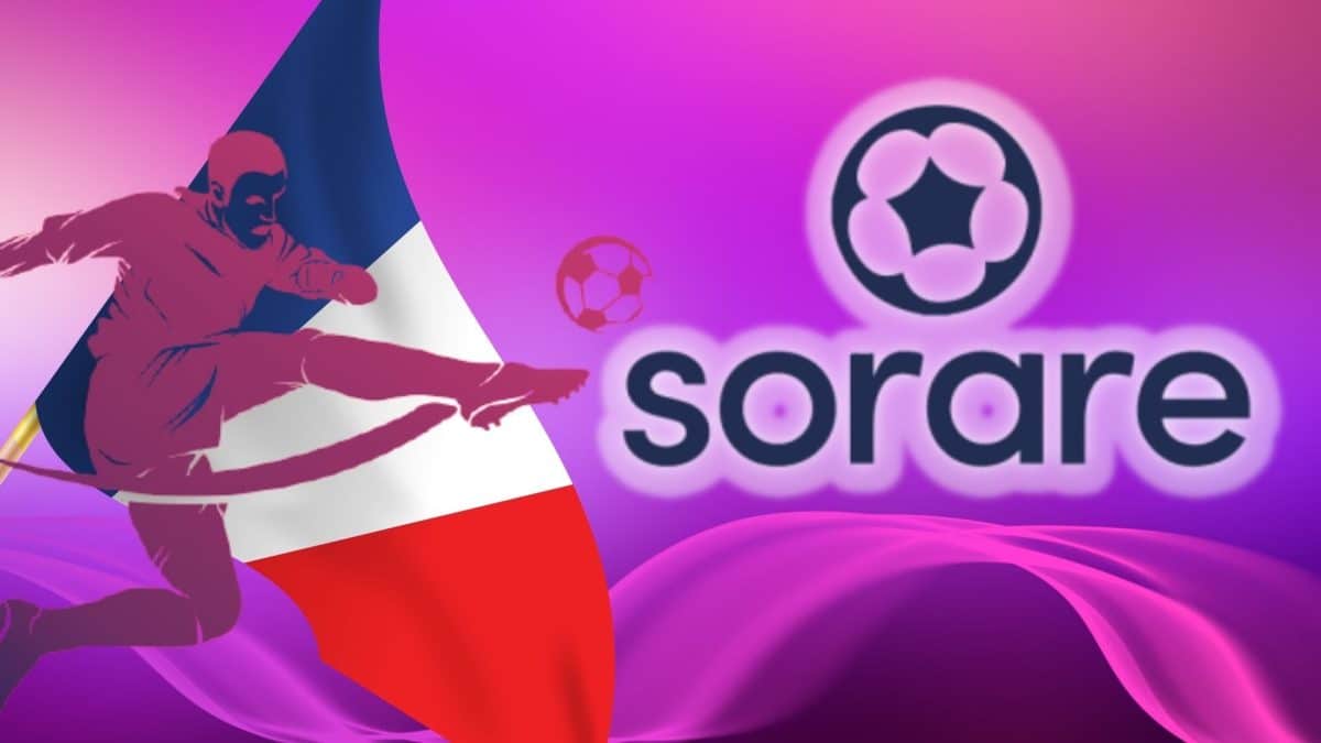 An image of the SoRare logo on a pink background with the outline of a soccer player and a French flag.