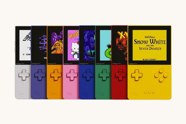 Promotional image of the Analogue Pocket Color in a variety of shades that imitate the Game Boy.