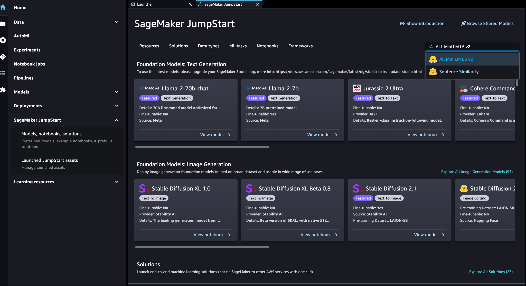 SageMaker JumpStart Models, Laptops, Solutions