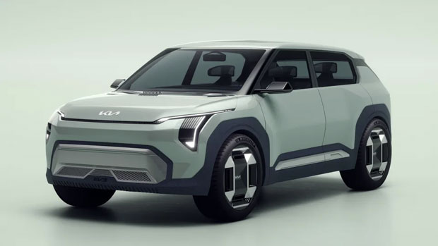 Image of a Kia concept vehicle, a light green SUV on a light green background.