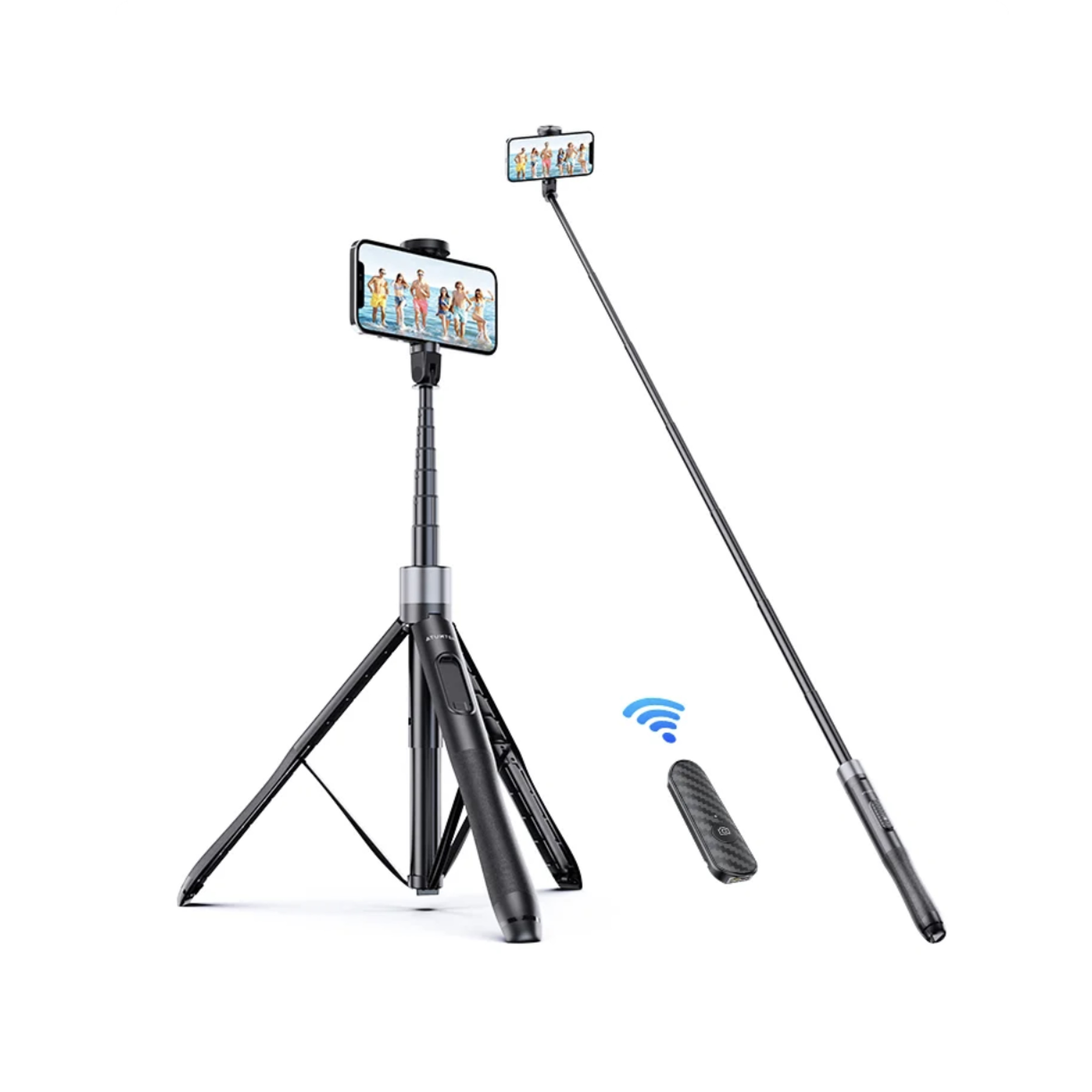 Selfie stick as a tripod and as an expanded stick, with a Bluetooth enabled remote.