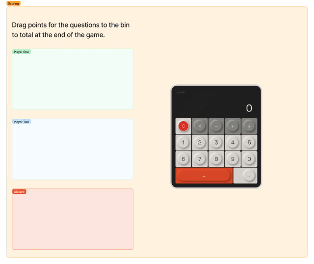 Image of the scoring section in Jeopardy Figjam.  It has a player one section, a player 2 section, a discard section and an interactive calculator. 