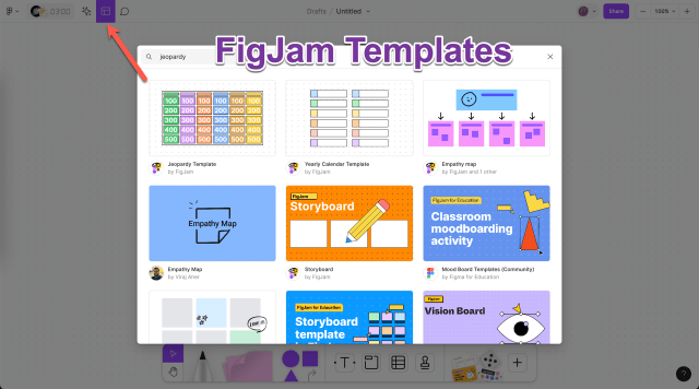 FigJam screenshot with arrow to the templates icon in the top left corner.  The search box has a danger search.