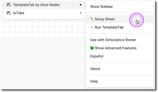 Pixel Art with TemplateTab is made easier by using the Extensions menu, selecting Alice Keeler's TemplateTab, and selecting Setup Sheet. 
