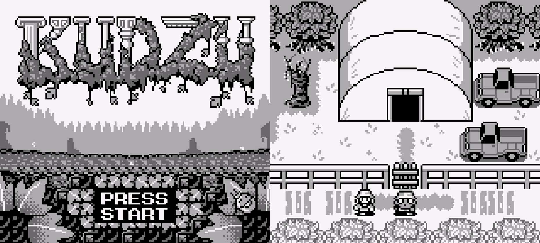 The title screen and a gameplay image from the new Game Boy game Kudzu.