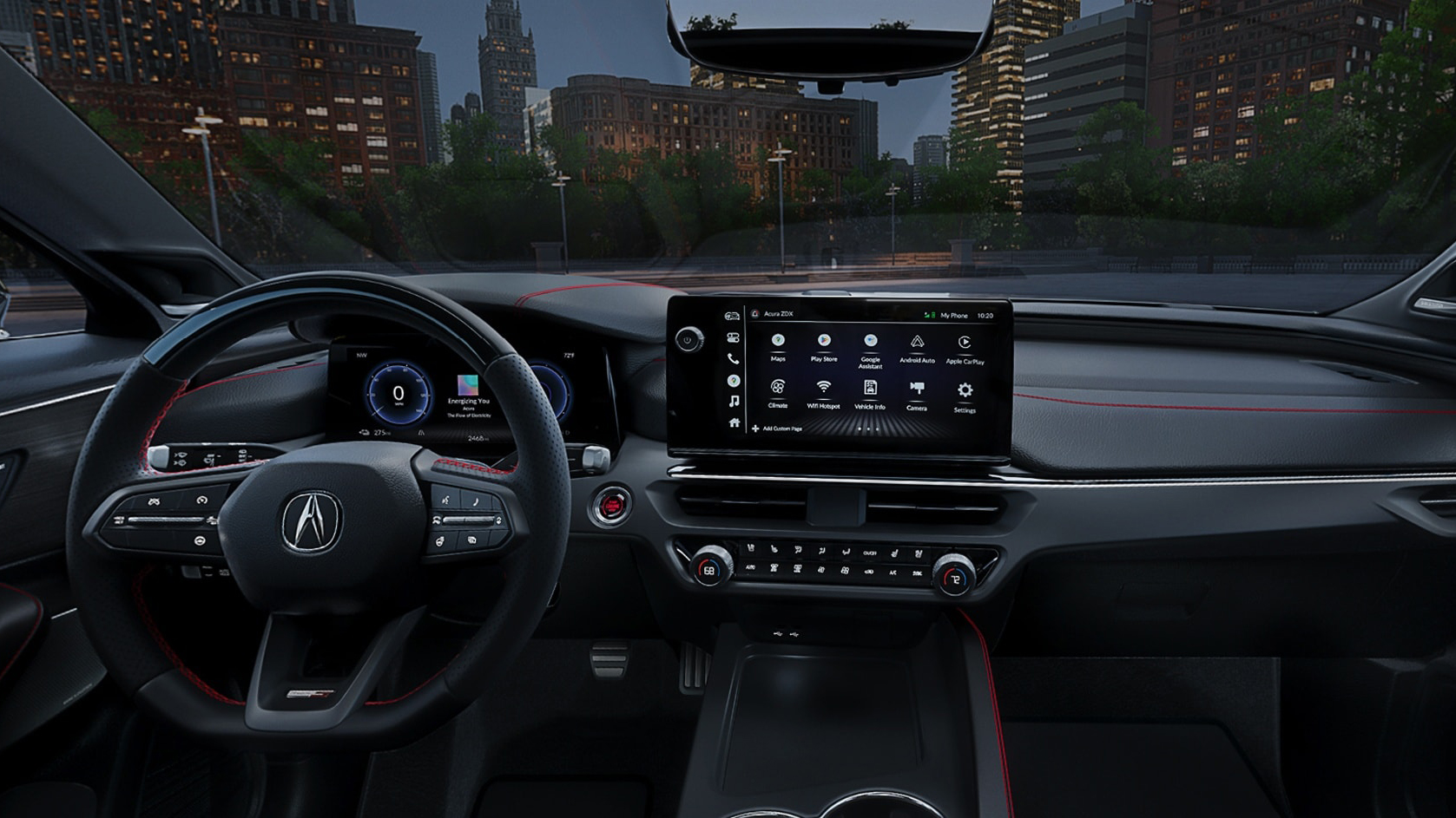 Internal marketing photograph of the Acura ZDX SUV.  The interior of the electric vehicle shows the central screen, steering wheel and other dashboard functions.