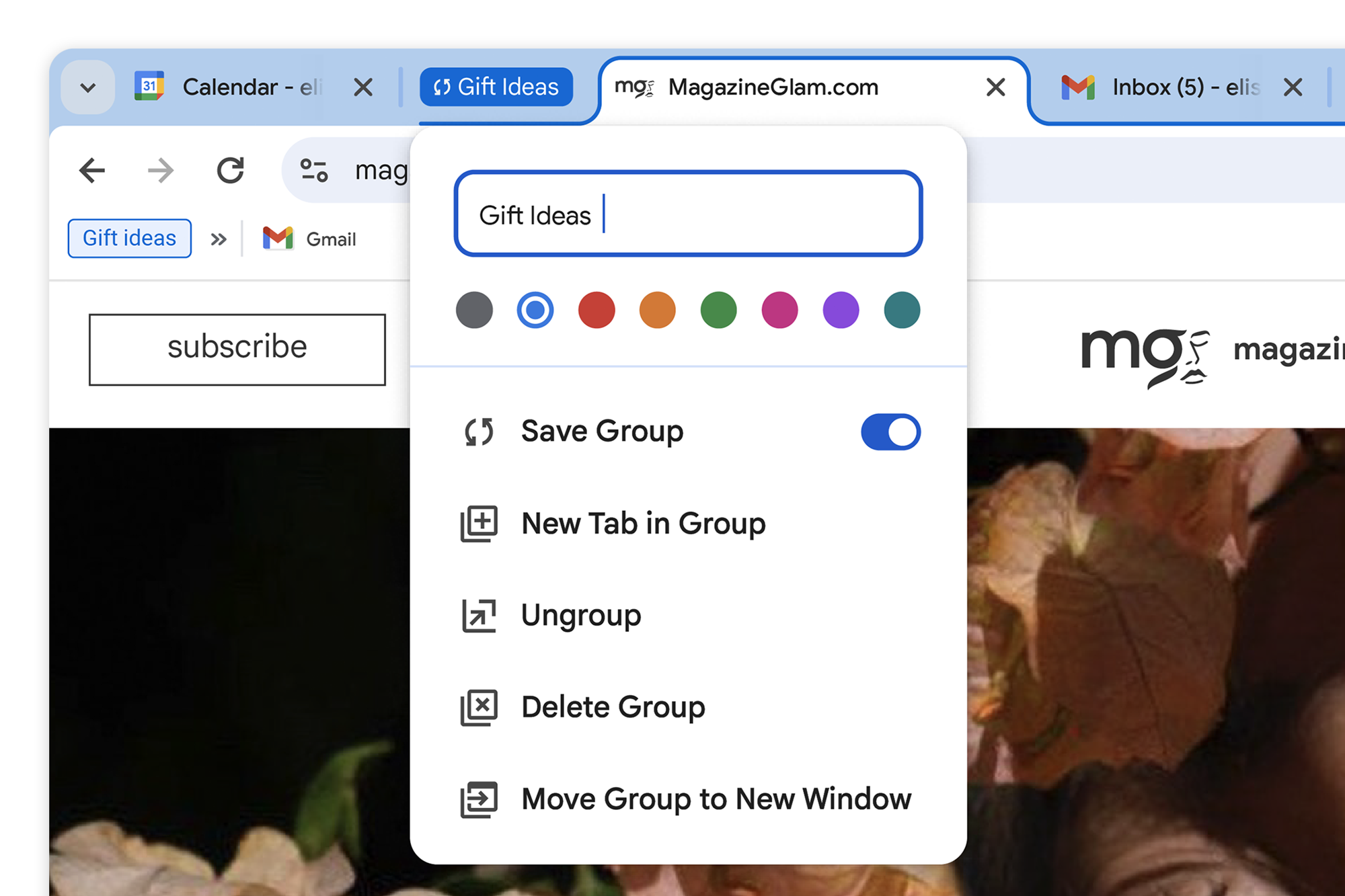 Screenshot of an upcoming version of Chrome with saved tab groups.  There are several tabs open and the user saves them with the name 