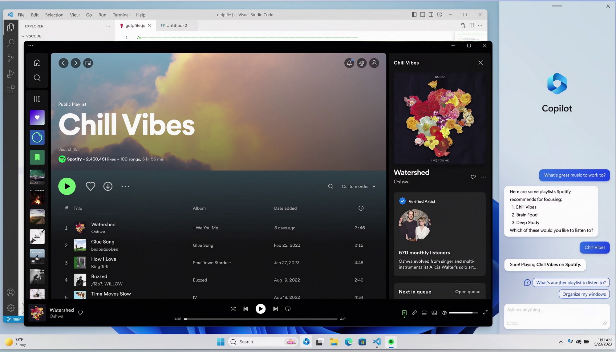 Windows Copilot choosing music on Spotify
