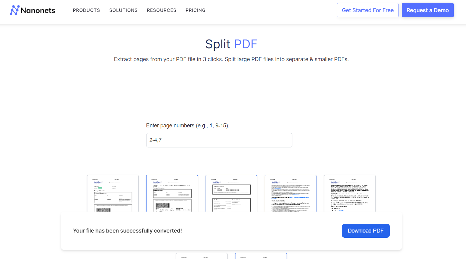 Nanonets splits the PDF tool process to remove pages from PDF files