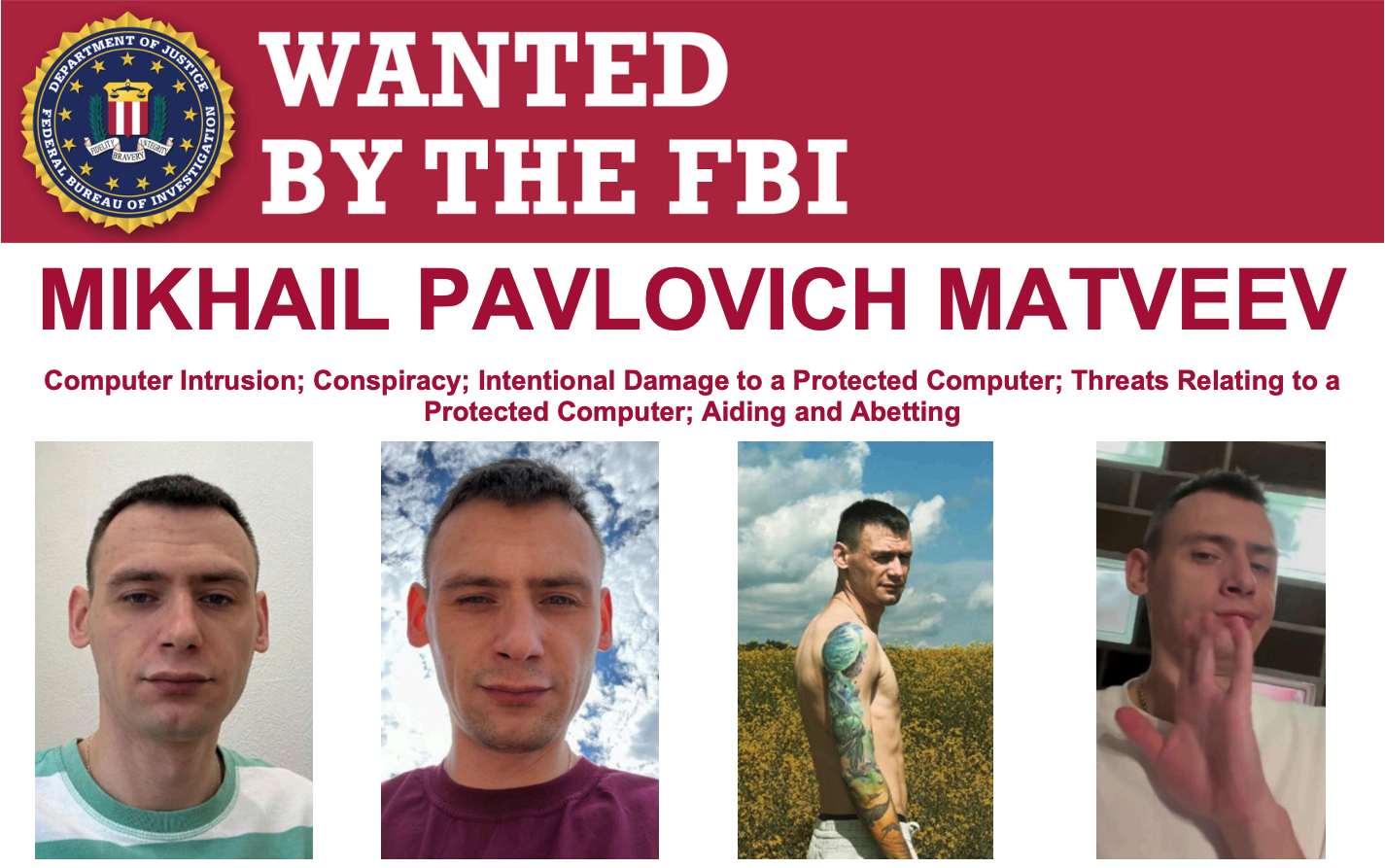 The FBI wanted poster for Mikhail Matveev.