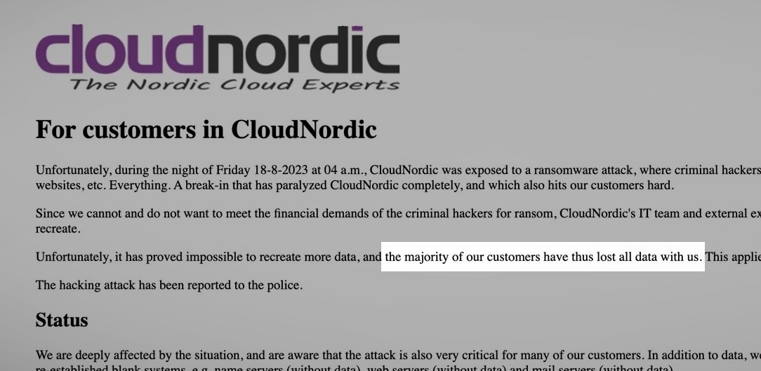 una captura de pantalla de la página de estado de CloudNordic que dice: "Desafortunadamente, ha resultado imposible recrear más datos y, por lo tanto, la mayoría de nuestros clientes han perdido todos los datos que tenían con nosotros."