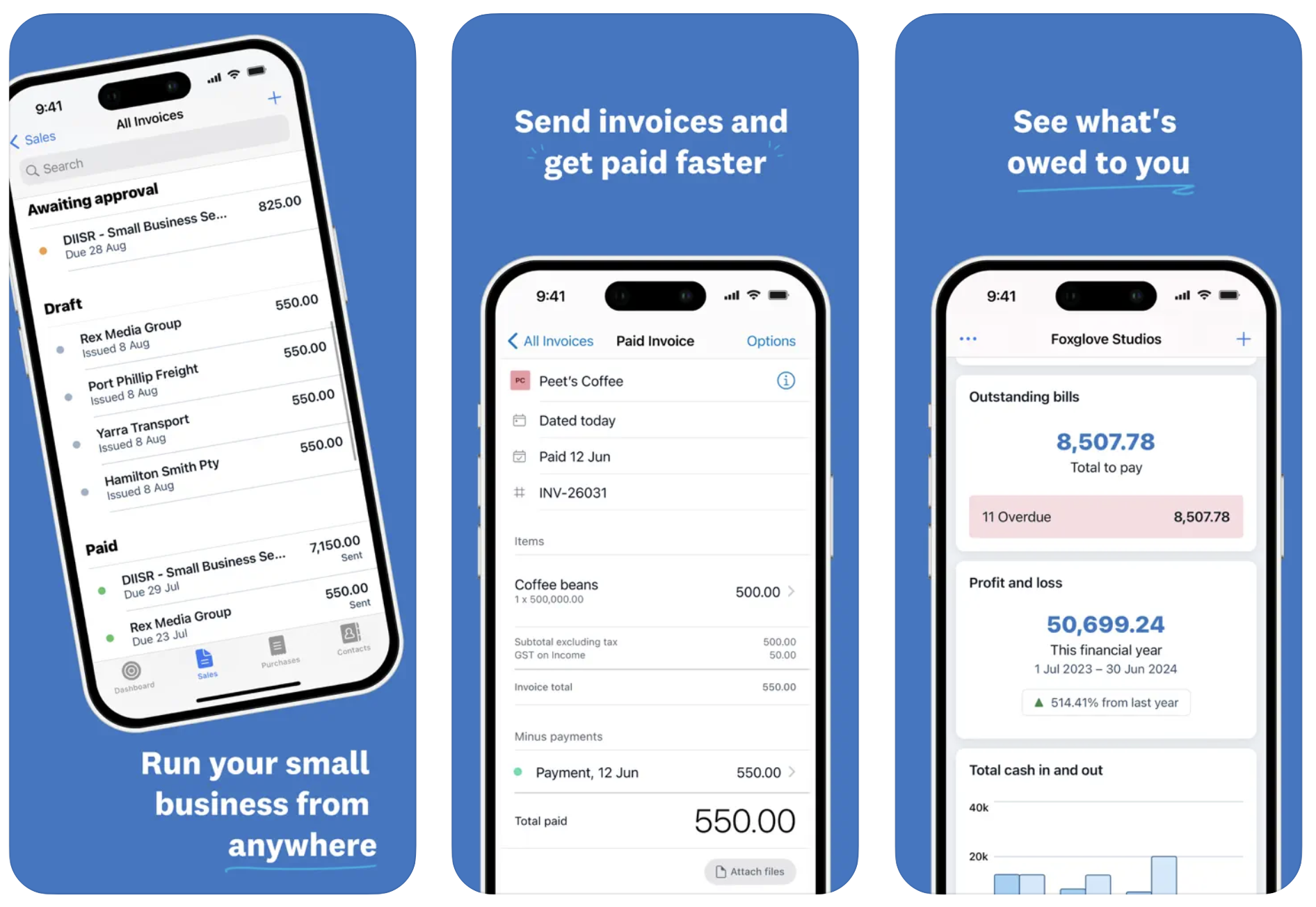 Three screenshots of the Xero app