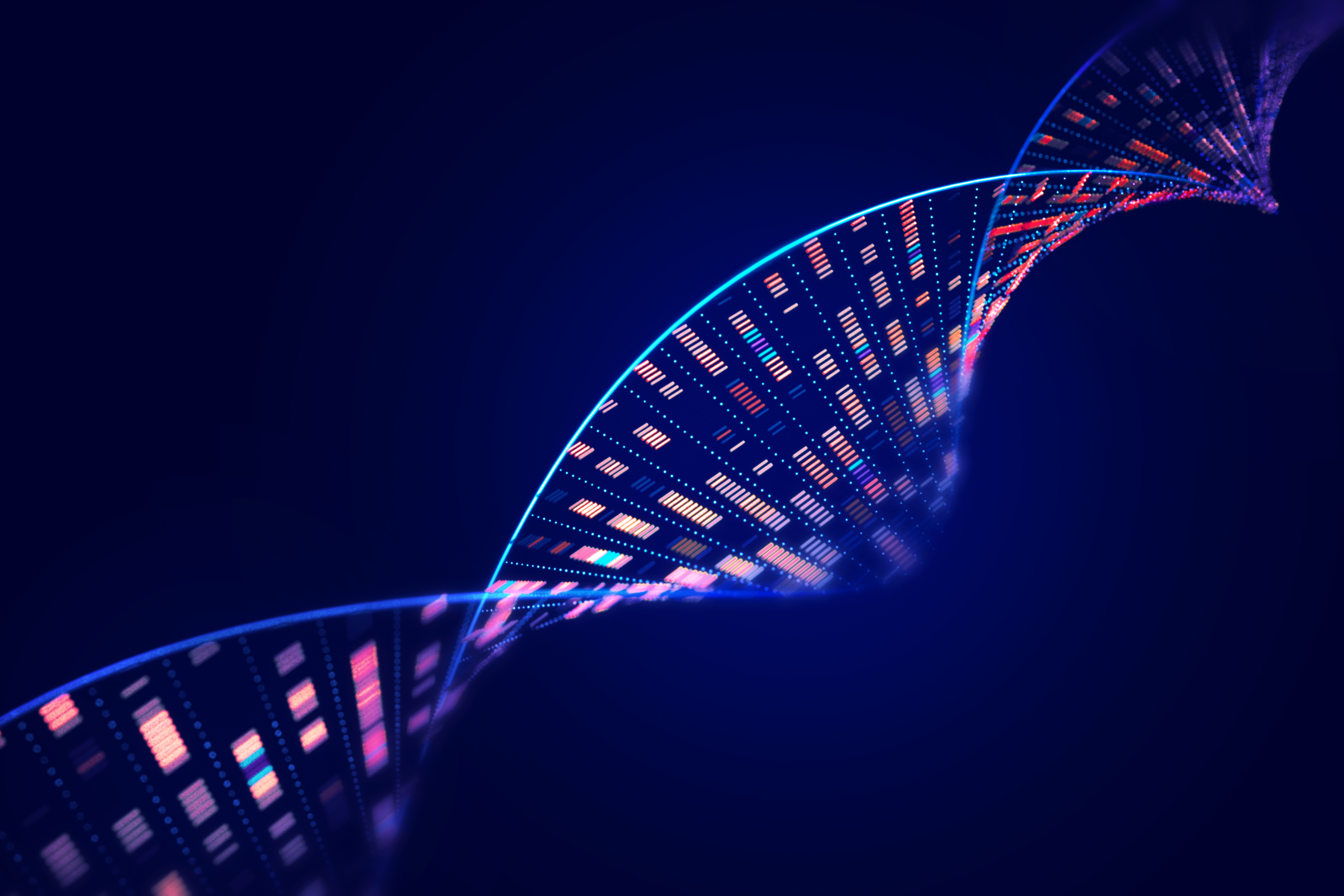Estructura molecular del ADN con datos de secuenciación del análisis del genoma humano sobre fondo negro.