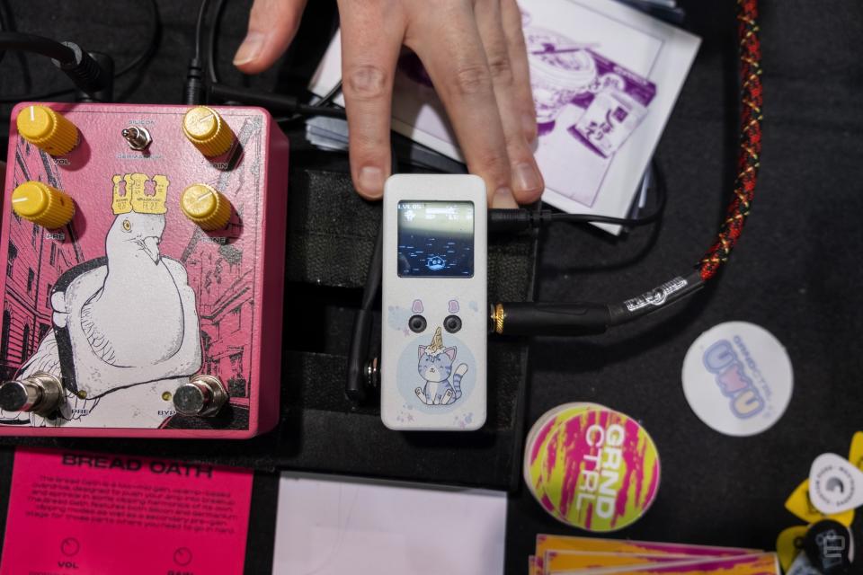 The Ground Control Audio UwU virtual pet damper pedal on a pedalboard next to the Ground Control Audio Bread Oath Overdrive.