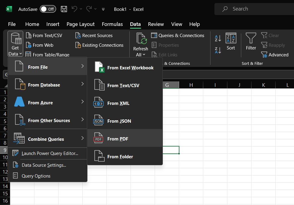 How to access Excel's Get Data tab to extract tables from PDFs