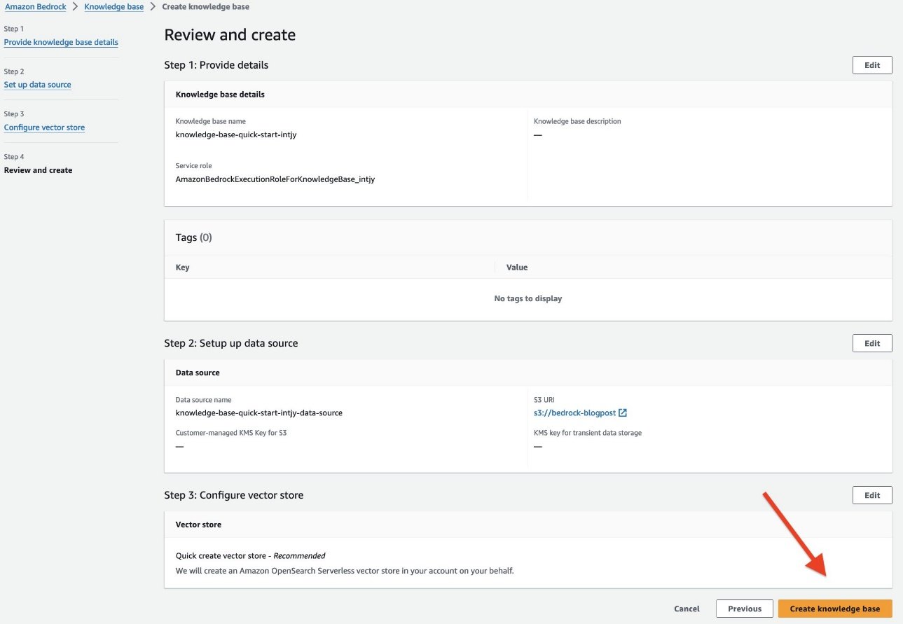 Review knowledge base options and create knowledge base 