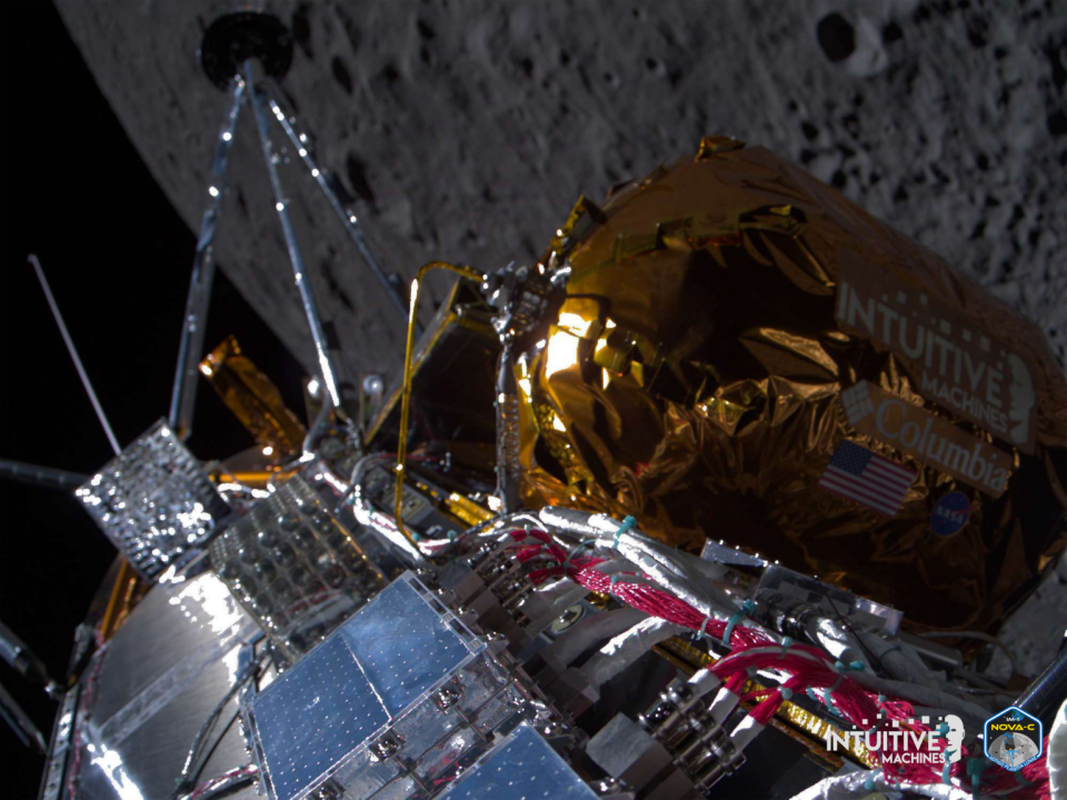 A portion of the Odysseus lander can be seen with the lunar surface in the background after it reached lunar orbit.