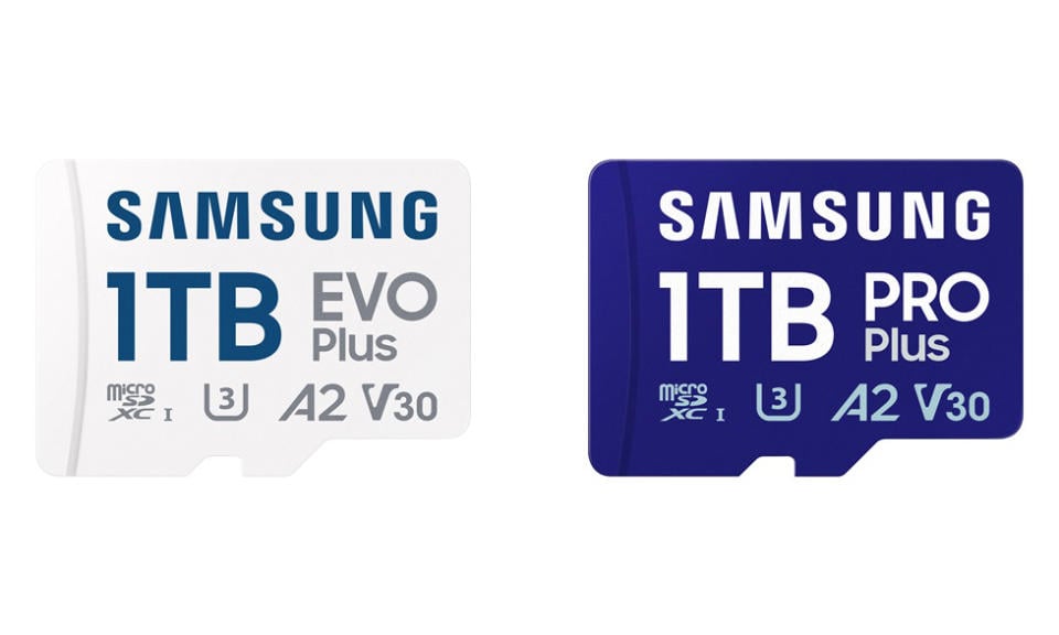 Product image for a 1TB Samsung microSD card.  Two cards (one white and one blue) on a white background.