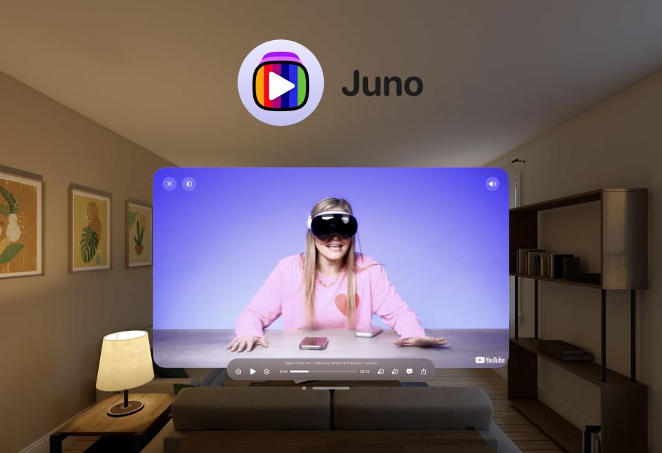 Promotional image of the Juno (YouTube) app for Apple Vision Pro. A floating screen shows a YouTube video of a person wearing the headphones.  Behind the floating screen is a living room.