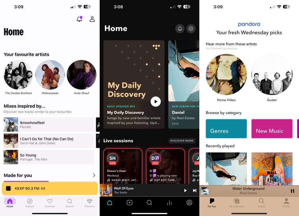 Mobile app screenshots for the music streaming services Deezer, Tidal and Pandora Premium.