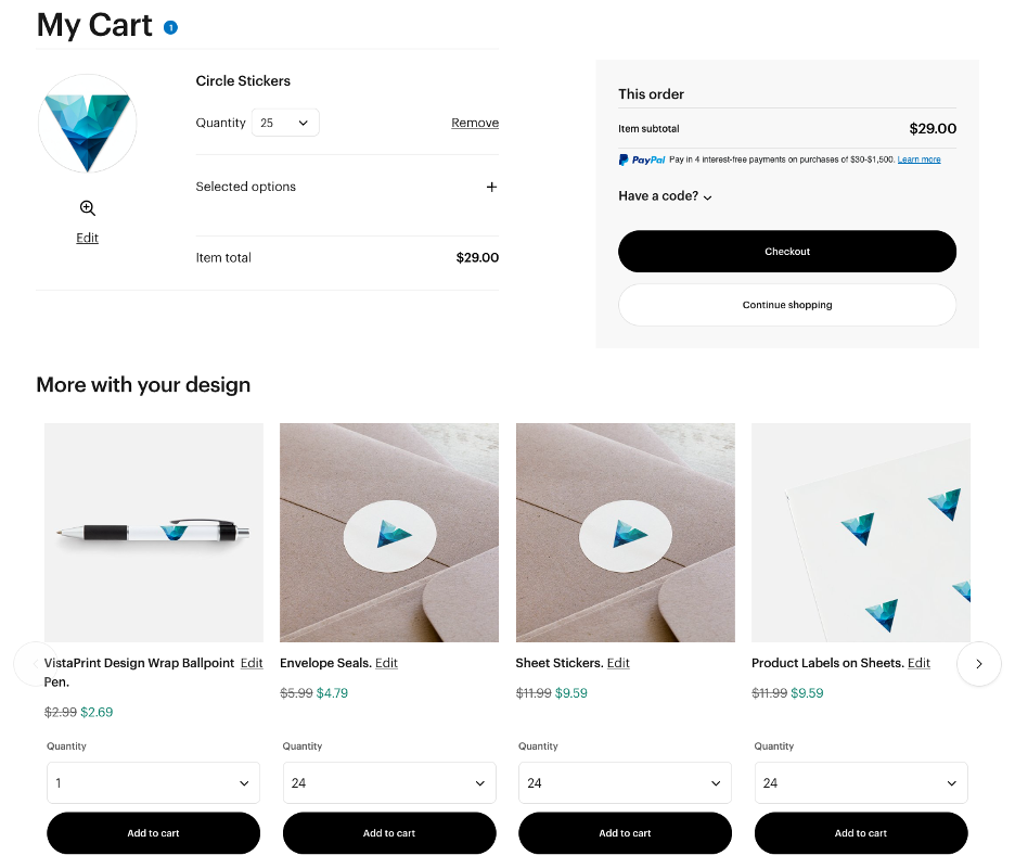 Screenshot showing personalized product recommendations within the vistaprint.com shopping cart page.  Custom product recommendations also display a theoretical logo as it would appear on custom manufactured products.
